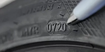 Example of a DOT code on a tire showing the week and year of manufacture