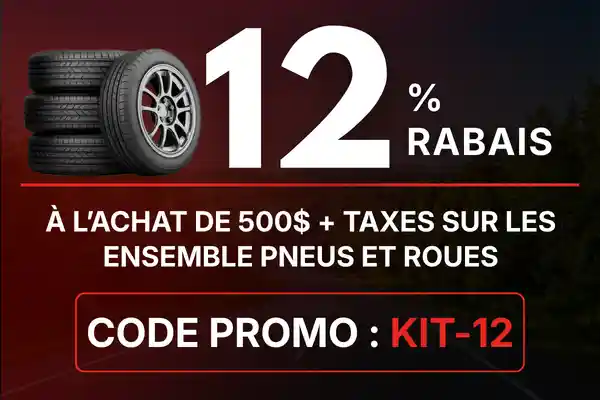 12 % de rabais sur tout achat de 500$ plus taxes pour les ensembles de pneus et roues